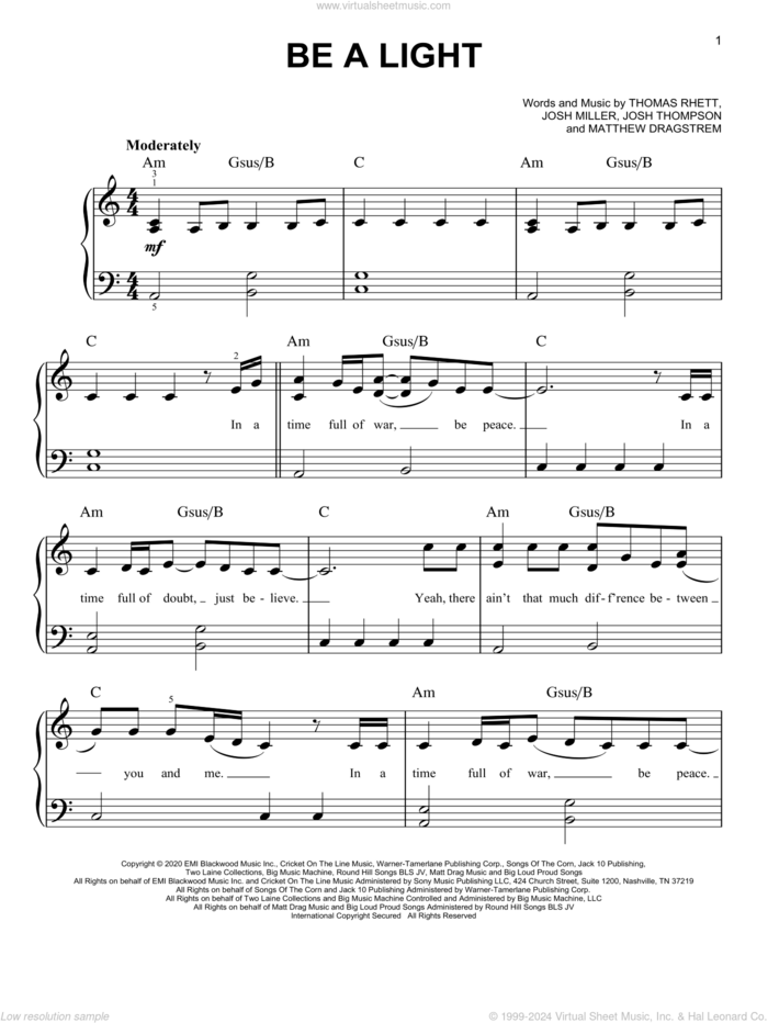 Be A Light sheet music for piano solo by Thomas Rhett, Reba McEntire, Hillary Scott, Chris Tomlin and Kei, Josh Miller, Josh Thompson, Matthew Dragstrem and Thomas Rhett, beginner skill level