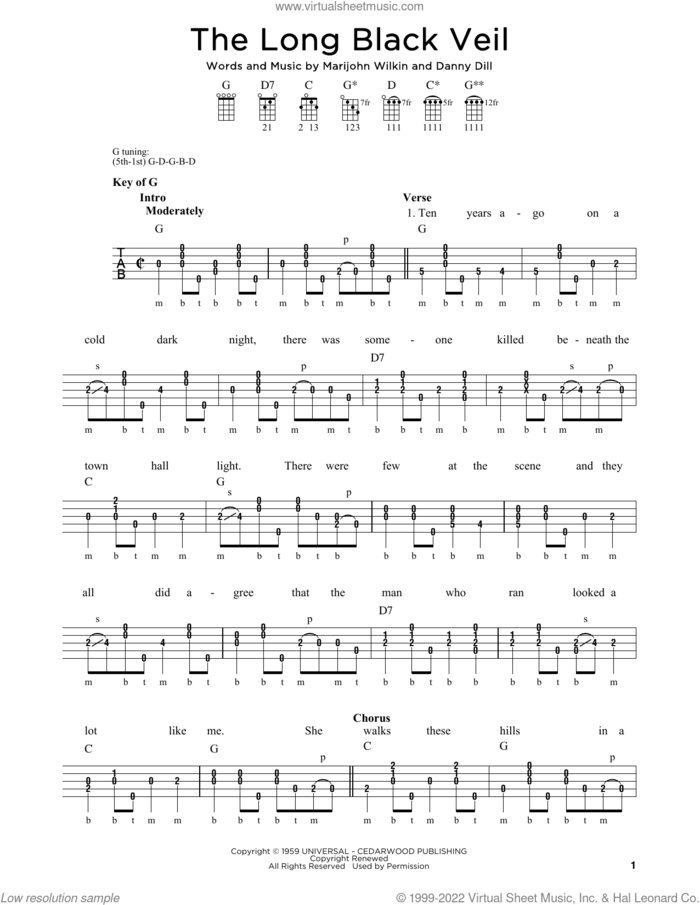 The Long Black Veil sheet music for banjo solo by Johnny Cash, Lefty Frizzell, Michael J. Miles, Danny Dill and Marijohn Wilkin, intermediate skill level
