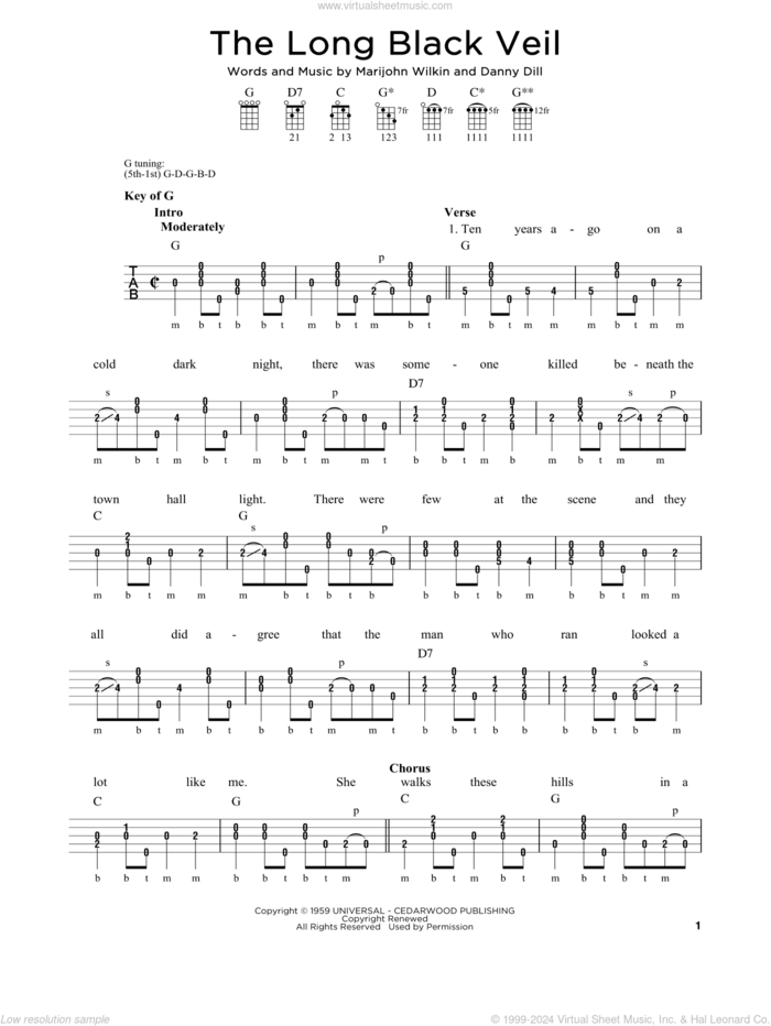 The Long Black Veil sheet music for banjo solo by Johnny Cash, Lefty Frizzell, Michael J. Miles, Danny Dill and Marijohn Wilkin, intermediate skill level