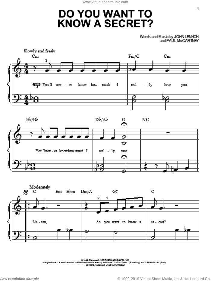Do You Want To Know A Secret? sheet music for piano solo (big note book) by The Beatles, John Lennon and Paul McCartney, easy piano (big note book)