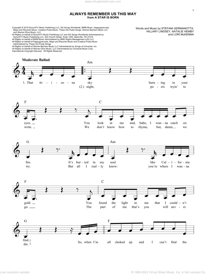 Always Remember Us This Way (from A Star Is Born) sheet music for voice and other instruments (fake book) by Lady Gaga, Hillary Lindsey, Lori McKenna and Natalie Hemby, easy skill level