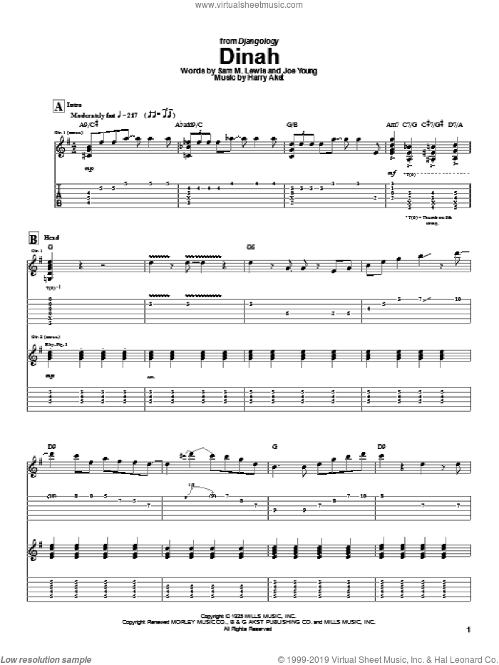 Dinah sheet music for guitar (tablature) by Django Reinhardt, Harry Akst, Joe Young and Sam Lewis, intermediate skill level