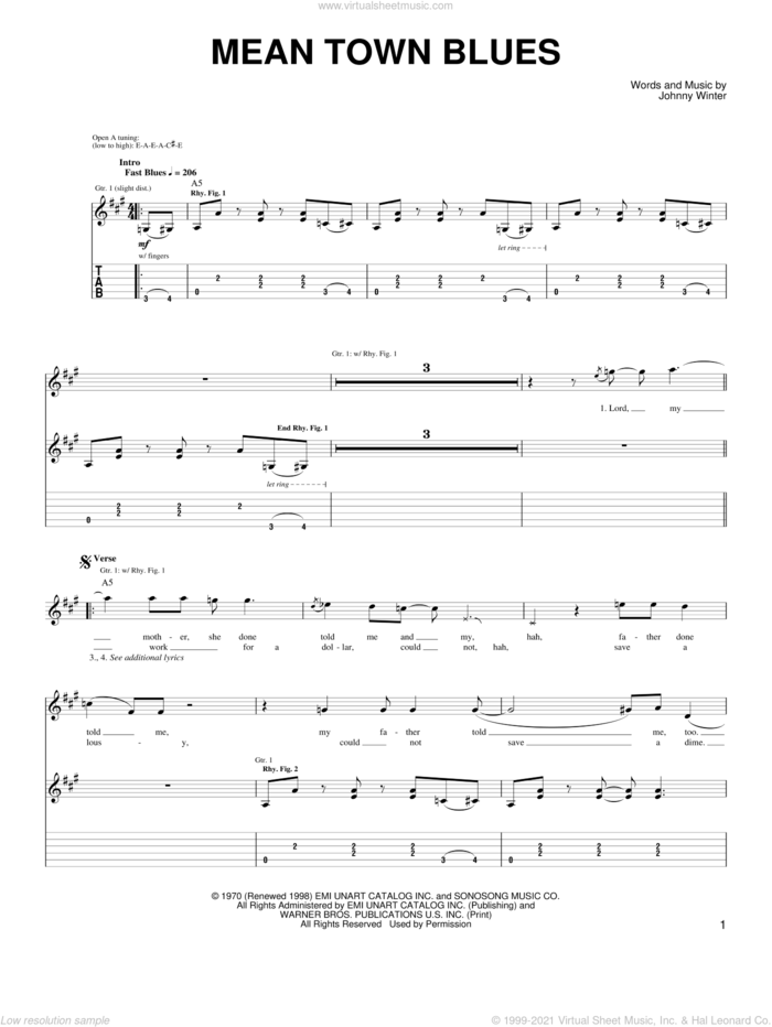 Mean Town Blues sheet music for guitar (tablature) by Johnny Winter, intermediate skill level