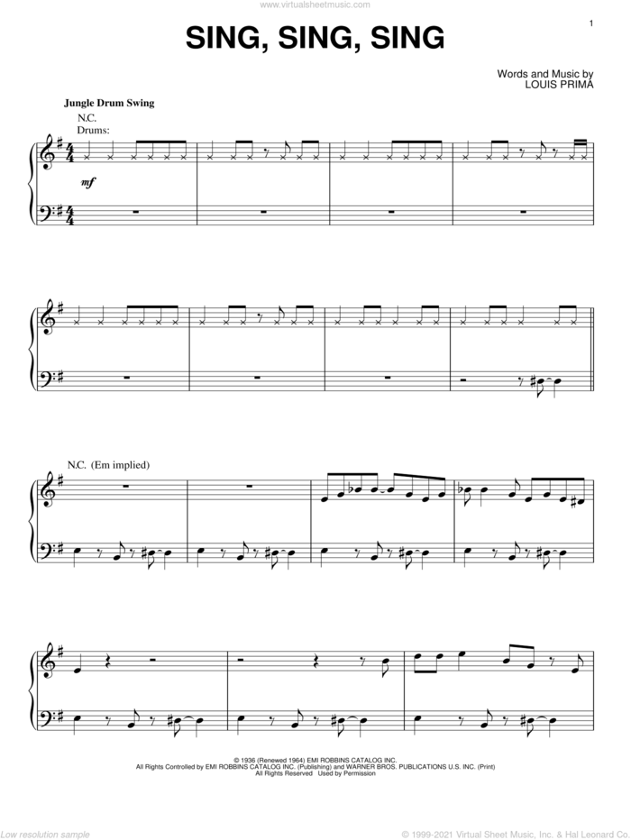 Sing, Sing, Sing, (intermediate) sheet music for piano solo by Benny Goodman and Louis Prima, intermediate skill level