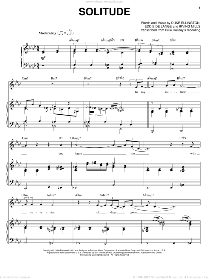 Solitude sheet music for voice and piano by Billie Holiday, Duke Ellington, Eddie DeLange and Irving Mills, intermediate skill level