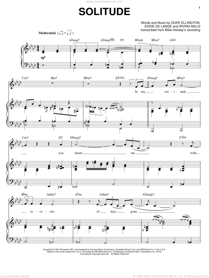 Solitude sheet music for voice and piano by Billie Holiday, Duke Ellington, Eddie DeLange and Irving Mills, intermediate skill level