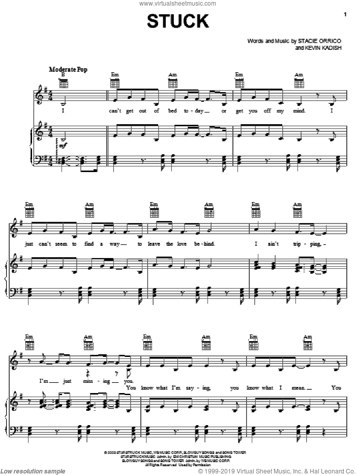 Stuck sheet music for voice, piano or guitar by Stacie Orrico and Kevin Kadish, intermediate skill level