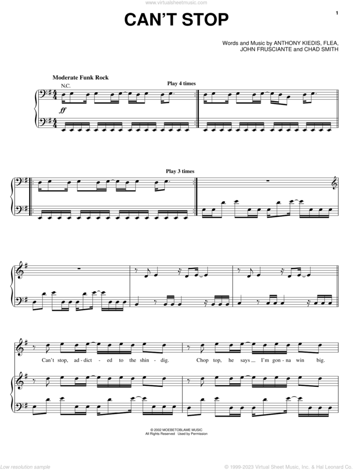 Can't Stop sheet music for voice, piano or guitar by Red Hot Chili Peppers, Anthony Kiedis, Flea and John Frusciante, intermediate skill level