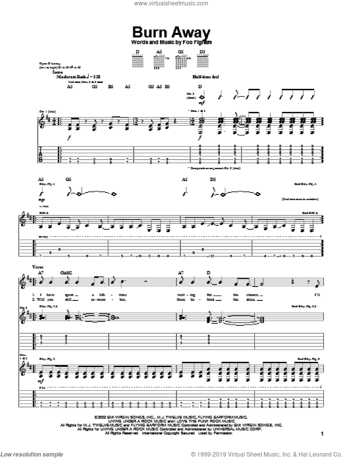 Burn Away sheet music for guitar (tablature) by Foo Fighters, intermediate skill level