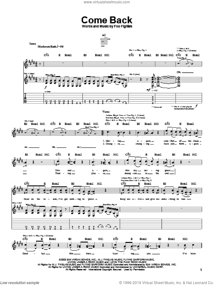Come Back sheet music for guitar (tablature) by Foo Fighters, intermediate skill level
