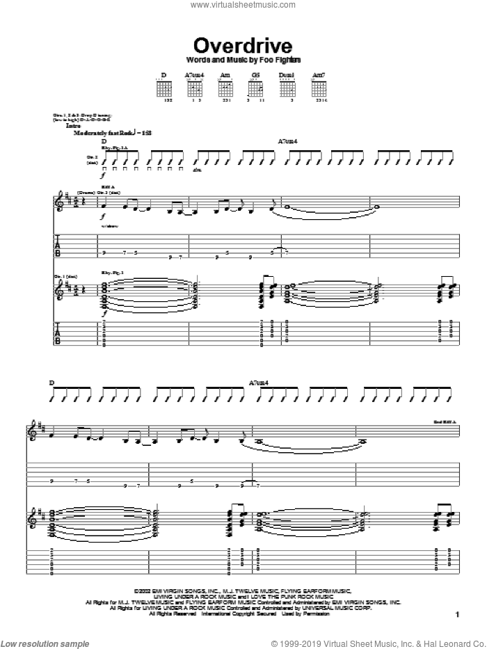 Overdrive sheet music for guitar (tablature) by Foo Fighters, intermediate skill level