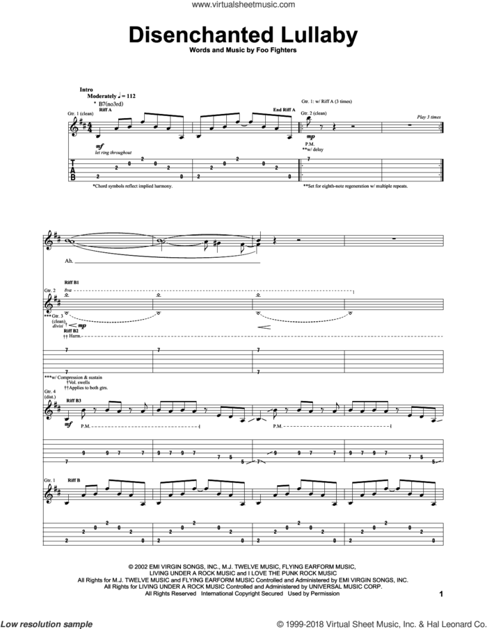 Disenchanted Lullaby sheet music for guitar (tablature) by Foo Fighters, intermediate skill level