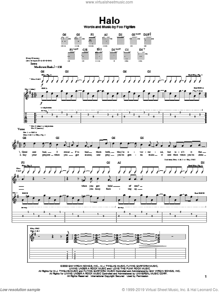 Halo sheet music for guitar (tablature) by Foo Fighters, intermediate skill level