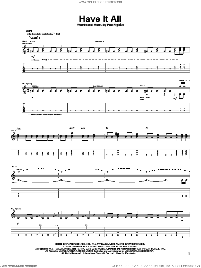 Have It All sheet music for guitar (tablature) by Foo Fighters, intermediate skill level