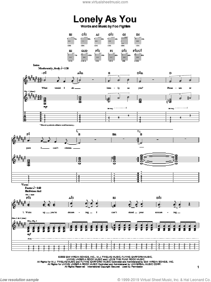 Lonely As You sheet music for guitar (tablature) by Foo Fighters, intermediate skill level
