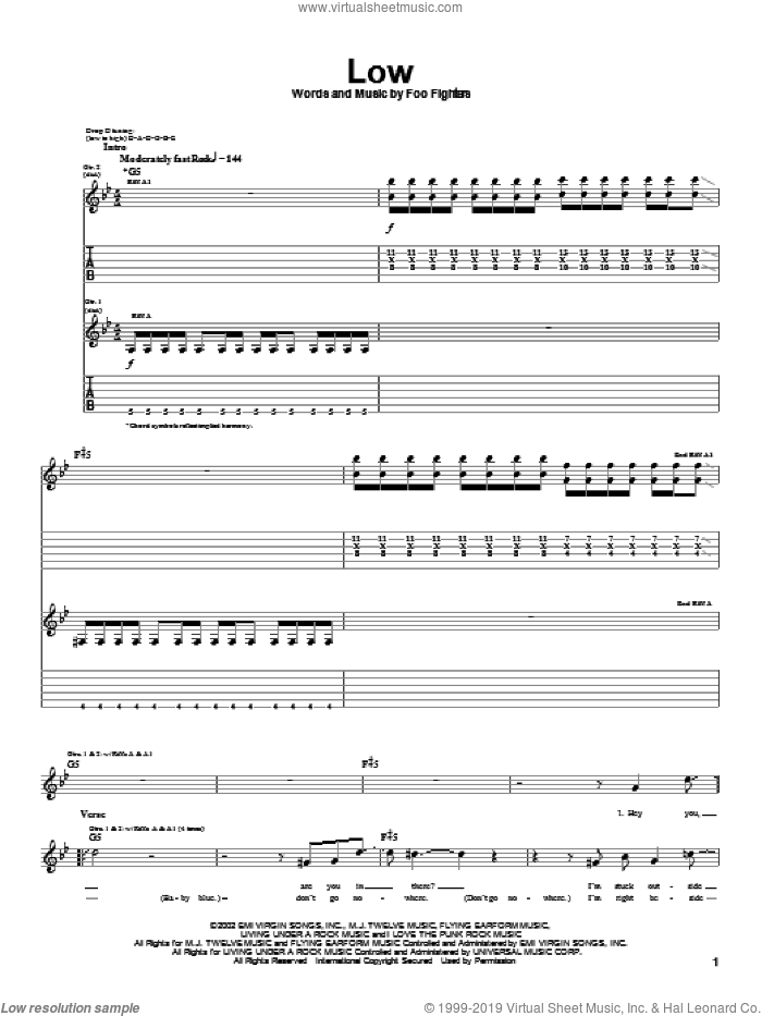 Low sheet music for guitar (tablature) by Foo Fighters, intermediate skill level
