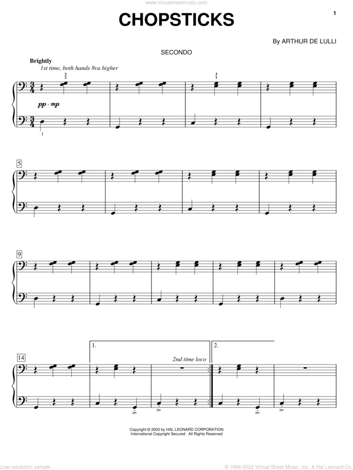 Chopsticks sheet music for piano four hands by Arthur de Lulli, intermediate skill level
