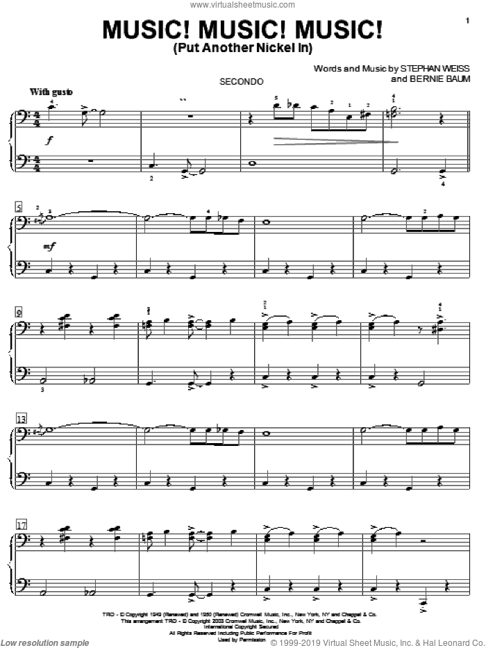 Music! Music! Music! (Put Another Nickel In) sheet music for piano four hands by Bernie Baum and Stephen Weiss, intermediate skill level
