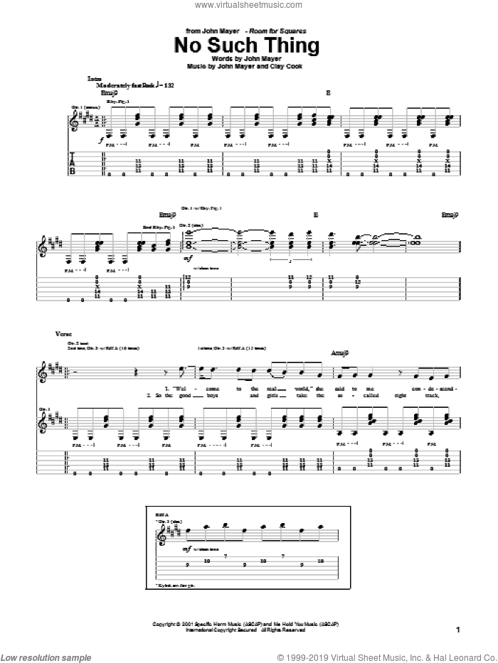 No Such Thing sheet music for guitar (tablature) by John Mayer and Clay Cook, intermediate skill level