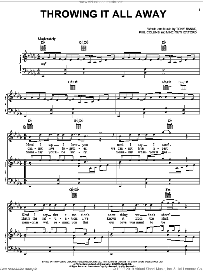 Throwing It All Away sheet music for voice, piano or guitar by Genesis, Mike Rutherford, Phil Collins and Tony Banks, intermediate skill level