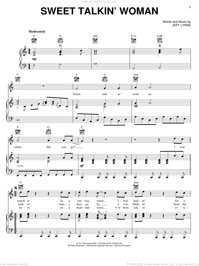Sweet Talkin' Woman sheet music for voice, piano or guitar by Electric Light Orchestra and Jeff Lynne, intermediate skill level