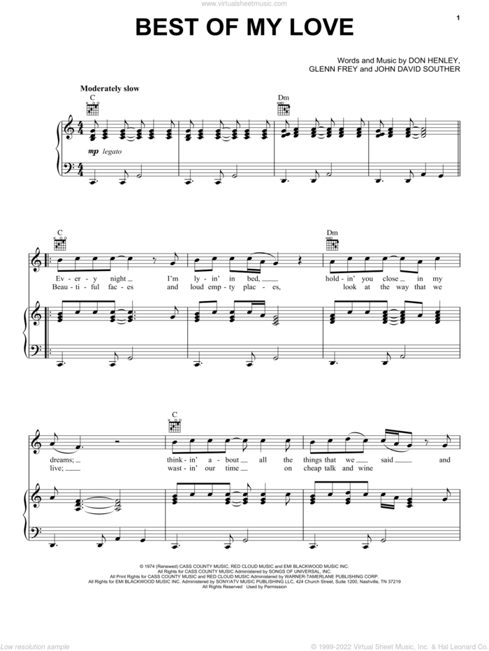 Best Of My Love sheet music for voice, piano or guitar by Don Henley, The Eagles, Glenn Frey and John David Souther, intermediate skill level