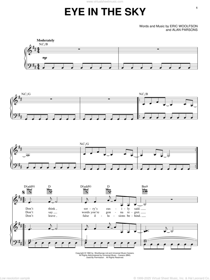 Eye In The Sky sheet music for voice, piano or guitar by Alan Parsons Project, Alan Parsons and Eric Woolfson, intermediate skill level