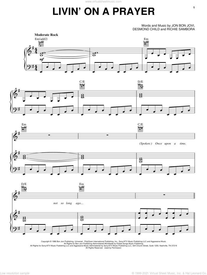 Livin' On A Prayer sheet music for voice, piano or guitar by Bon Jovi, Desmond Child and Richie Sambora, intermediate skill level