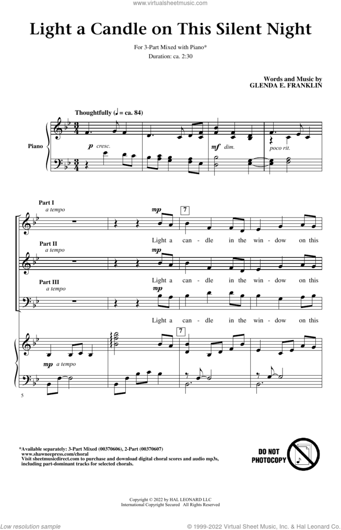 Light A Candle On This Silent Night sheet music for choir (3-Part Mixed) by Glenda E. Franklin, intermediate skill level