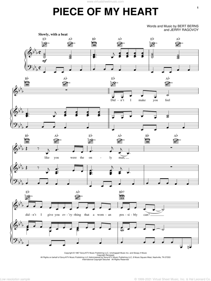 Piece Of My Heart sheet music for voice, piano or guitar by Janis Joplin, Bert Berns and Jerry Ragovoy, intermediate skill level