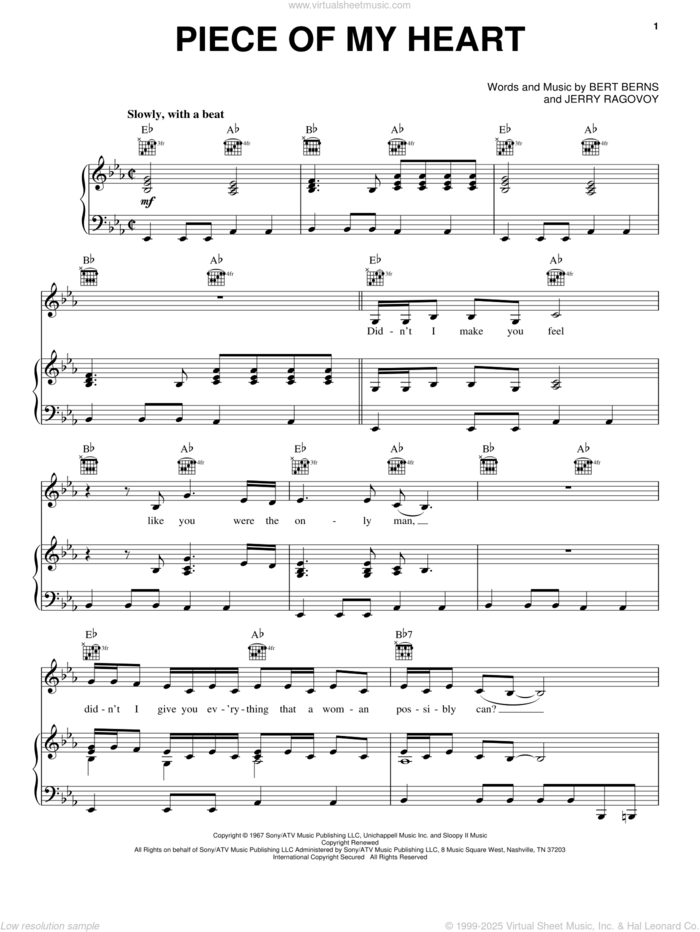 Piece Of My Heart sheet music for voice, piano or guitar by Janis Joplin, Bert Berns and Jerry Ragovoy, intermediate skill level