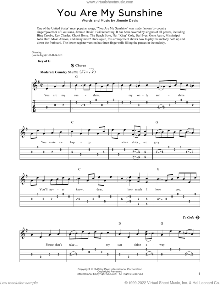You Are My Sunshine sheet music for dobro solo by Jimmie Davis and Fred Sokolow, easy skill level