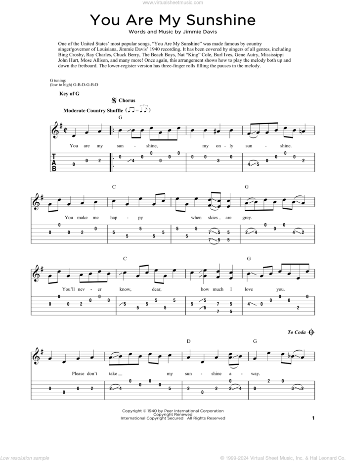 You Are My Sunshine sheet music for dobro solo by Jimmie Davis and Fred Sokolow, easy skill level