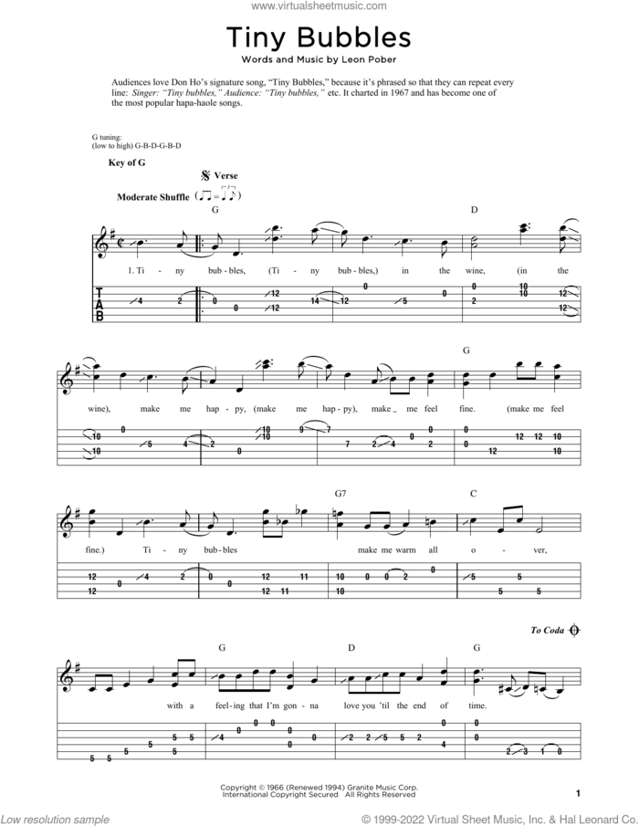 Tiny Bubbles sheet music for dobro solo by Don Ho, Fred Sokolow and Leon Pober, easy skill level