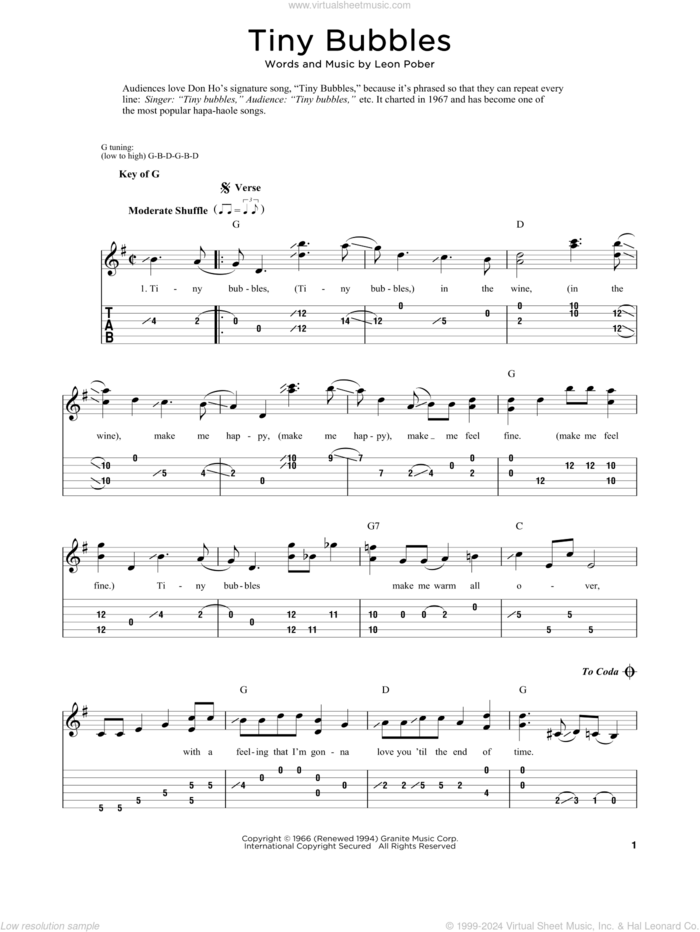 Tiny Bubbles sheet music for dobro solo by Don Ho, Fred Sokolow and Leon Pober, easy skill level