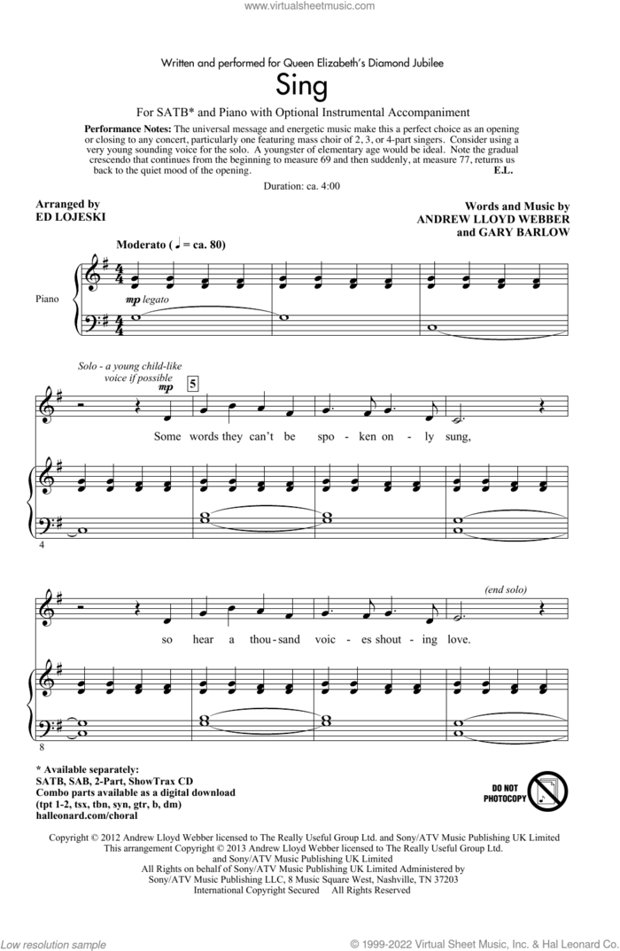Sing (arr. Ed Lojeski) sheet music for choir (SATB: soprano, alto, tenor, bass) by Andrew Lloyd Webber, Ed Lojeski, Andrew Lloyd Webber & Gary Barlow and Gary Barlow, intermediate skill level