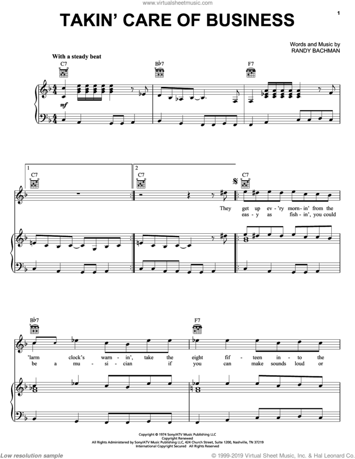 Takin' Care Of Business sheet music for voice, piano or guitar by Bachman-Turner Overdrive and Randy Bachman, intermediate skill level