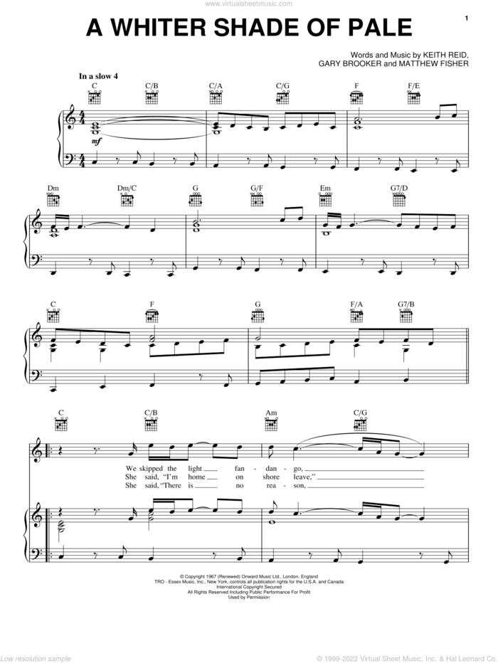 A Whiter Shade Of Pale sheet music for voice, piano or guitar by Procol Harum, Annie Lennox, Sarah Brightman, Gary Brooker and Keith Reid, wedding score, intermediate skill level