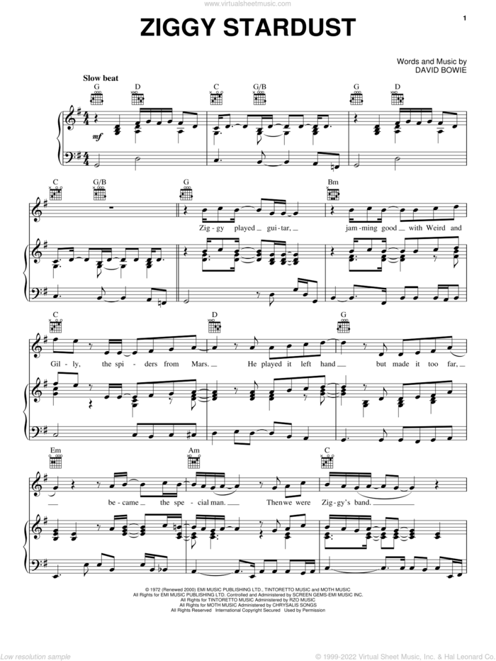 Ziggy Stardust sheet music for voice, piano or guitar by David Bowie, intermediate skill level