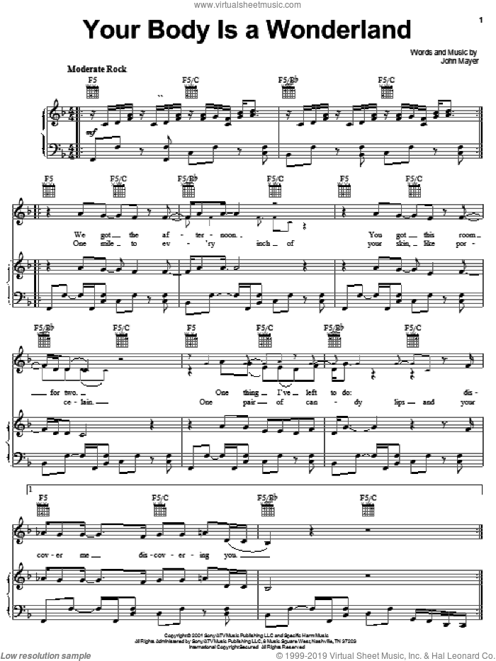 Your Body Is A Wonderland sheet music for voice, piano or guitar by John Mayer, intermediate skill level