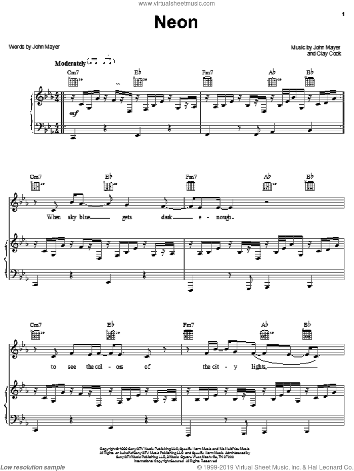 Neon sheet music for voice, piano or guitar by John Mayer and Clay Cook, intermediate skill level