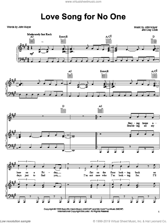 Love Song For No One sheet music for voice, piano or guitar by John Mayer and Clay Cook, intermediate skill level