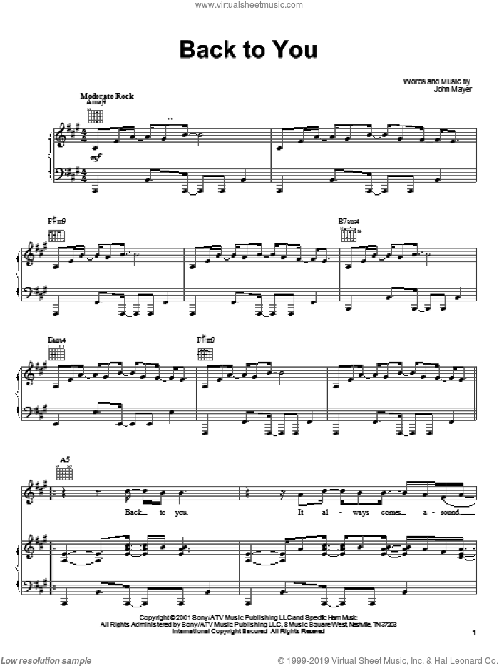 Back To You sheet music for voice, piano or guitar by John Mayer, intermediate skill level