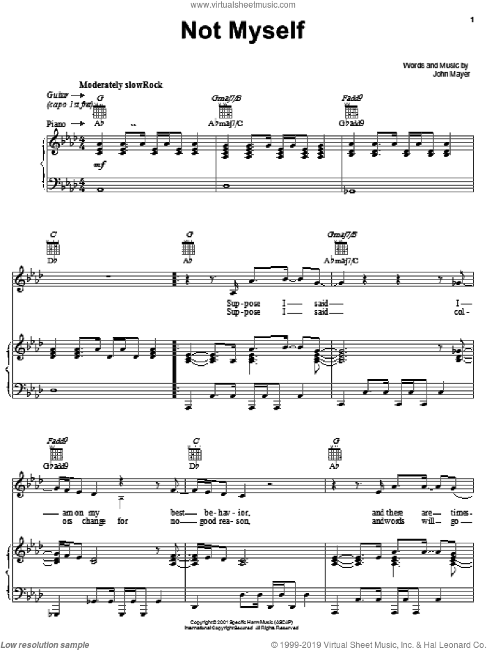 Not Myself sheet music for voice, piano or guitar by John Mayer, intermediate skill level