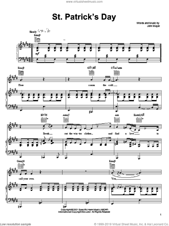 St. Patrick's Day sheet music for voice, piano or guitar by John Mayer, intermediate skill level