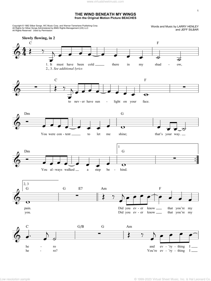 The Wind Beneath My Wings sheet music for voice and other instruments (fake book) by Bette Midler, Jeff Silbar and Larry Henley, wedding score, easy skill level