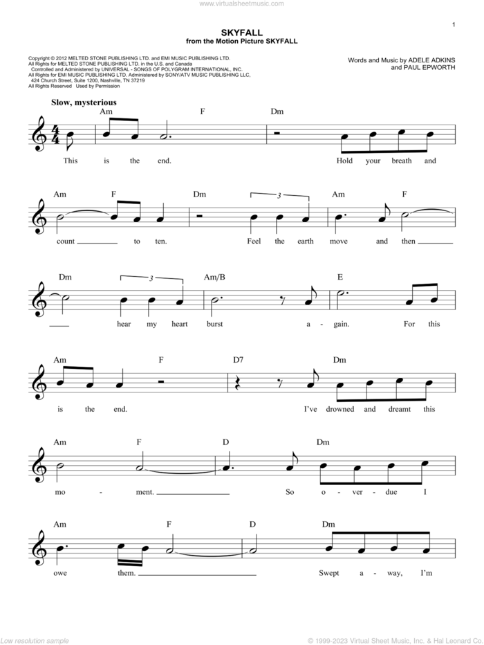 Skyfall sheet music for voice and other instruments (fake book) by Adele, Adele Adkins and Paul Epworth, easy skill level