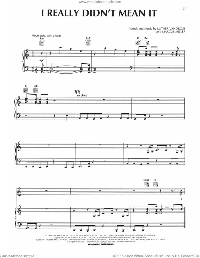 I Really Didn't Mean It sheet music for voice, piano or guitar by Luther Vandross and Marcus Miller, intermediate skill level