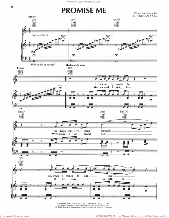 Promise Me sheet music for voice, piano or guitar by Luther Vandross, intermediate skill level