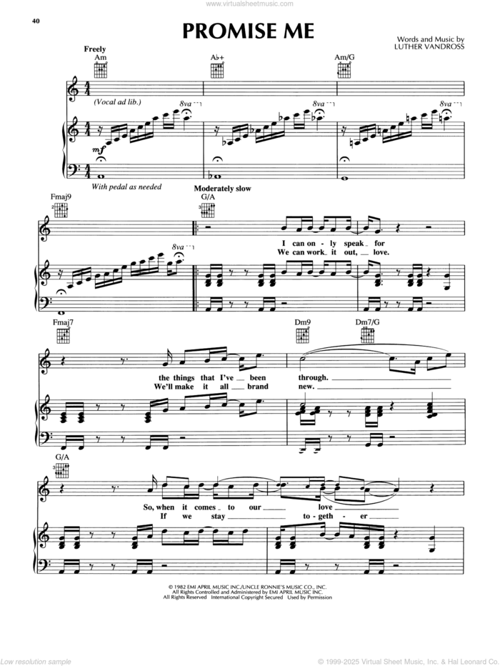 Promise Me sheet music for voice, piano or guitar by Luther Vandross, intermediate skill level